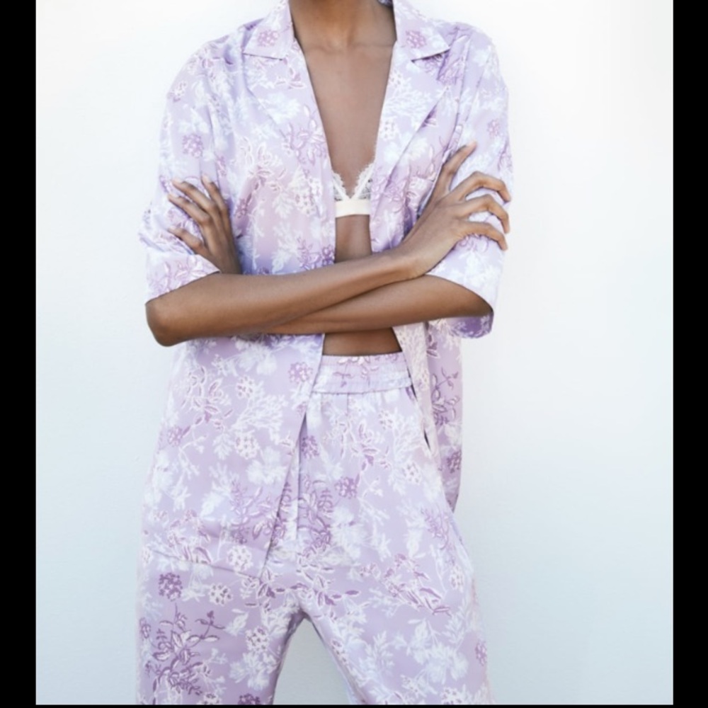 Zara Coord set Flowy printed shirt and pant set pastel sz XS, lavender